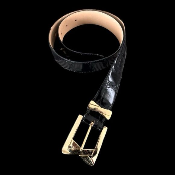 VTG Donna Katz Black Leather Croc Gold Buckle Belt Size L - Picture 1 of 9